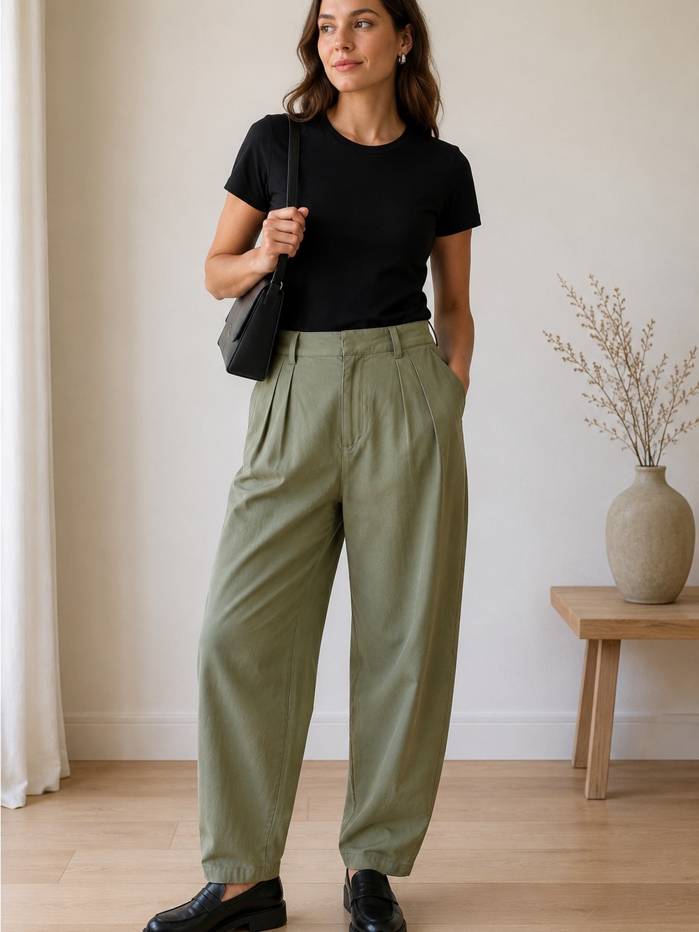 Free People Pleated Barrel Trousers Olive Green D-Ring Belt Size 10